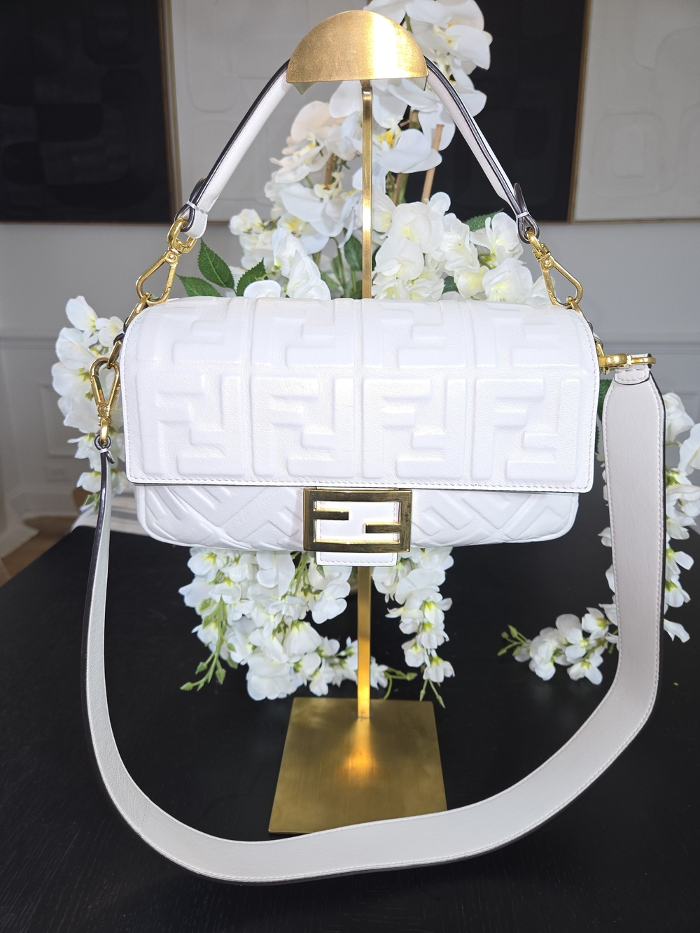 Fendi White Embossed FF Baguette Shoulder Bag with Gold Hardware